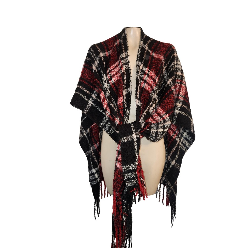 Balance Collection Red Black White Plaid Fringed Wrap Shawl Scarf OS